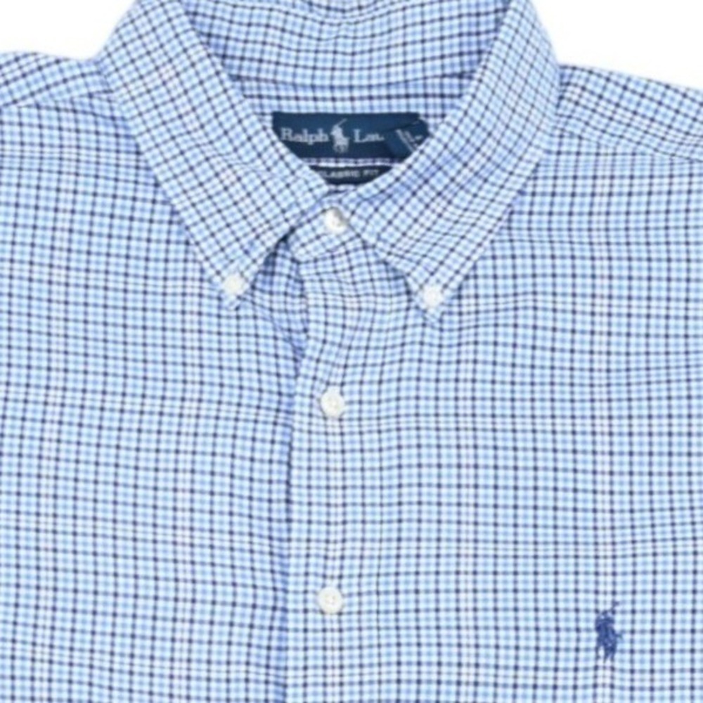 100% Cotton Ralph Lauren Mens 18 XXL Classic Fit Blue Gingham Button Down